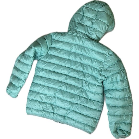 Eddie Bauer Girls Reversible Hooded Down Jacket (Aqua/Navy Print, M 10/12) - Picture 6 of 10